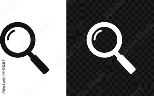 Black and white magnifying glass icons are displayed against contrasting white and transparent checkered backgrounds for search.