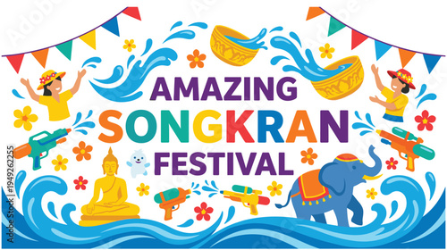 Amazing songkran festival poster with water splashes and thai symbols