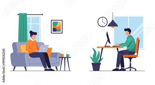 Remote Work Flexibility: People Working from Home in Diverse Settings, Illustrating Modern Telecommuting and Adaptable Work-Life Balance
