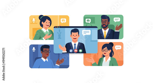 Diverse Team Video Conference Call: Remote Professionals Collaborating Online for Business Meeting and Virtual Communication