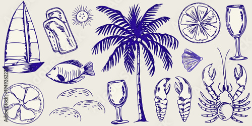 A collection of hand drawn summer themed icons and illustrations