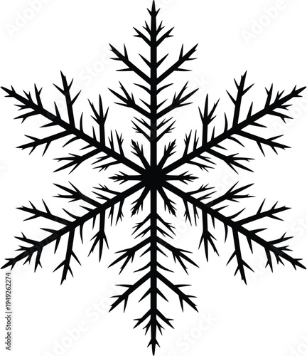 Intricate black snowflake vector illustration on white background, flat design