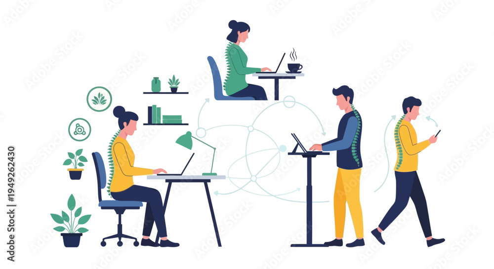 Fototapeta premium Ergonomic Postures for a Healthy Spine: Good and Bad Examples at Work, Sitting, Standing, and Mobile Use