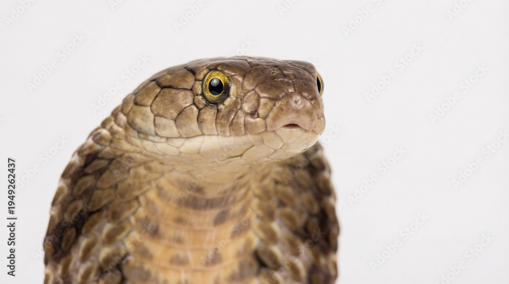 Obraz premium Close-up portrait of a venomous Monocled Cobra snake (Naja kaouthia) with fanned hood on a white background looking sideways
