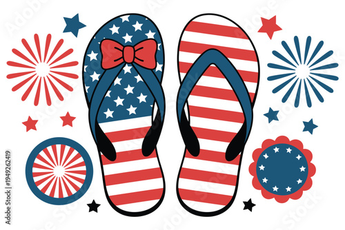 Patriotic flip flops with american flag design surrounded by fireworks and stars for independence day celebration