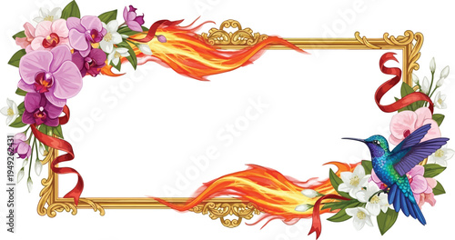 A vibrant floral frame with a hummingbird and flames on a white background