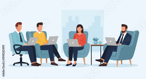 Diverse Business Team Collaborating on Laptops in a Modern Co-working Space - Productivity & Digital Work