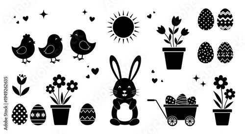 Easter themed silhouette collection featuring bunnies, chicks, eggs, and flowers.