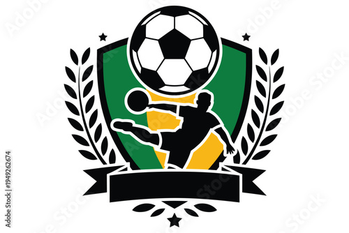 Soccer emblem with player, ball, and laurel wreath, sports theme for graphic design