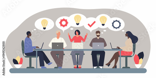 Team brainstorming session with diverse people and bright idea concepts