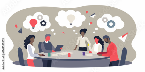 Diverse team collaborates around a table with floating idea concepts