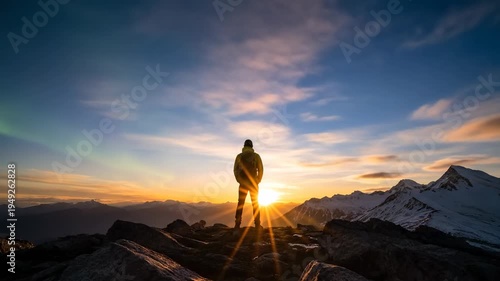 Silhouette of a Person Gazing at a Stunning Sunset in the Mountains.