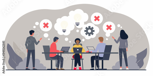 Team brainstorms ideas some successful and some rejected at a meeting