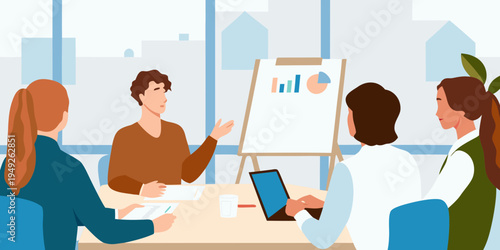 Business professionals collaborating in a modern office meeting room setting