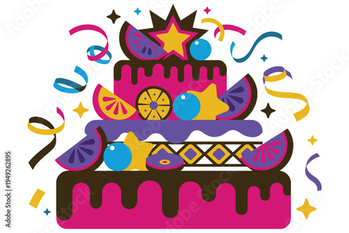 Tiered birthday cake illustration decorated with chocolate drip fruit slices stars and confetti for celebration and anniversary party themes