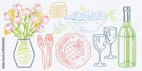 A colorful sketch depicting flowers food and drink for a celebration