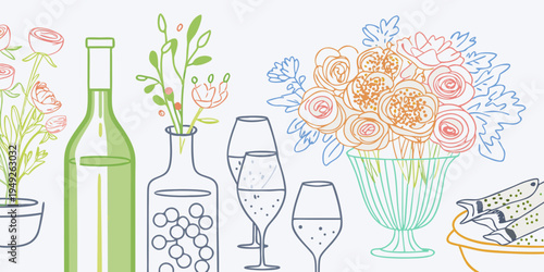 Floral arrangement with wine bottles and glassware in a linear style