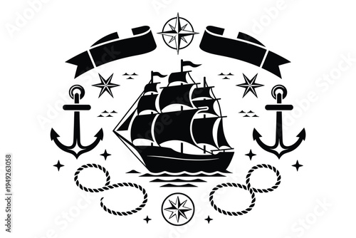 Vintage sailing ship emblem with anchors, compass rose, and rope, nautical theme for design
