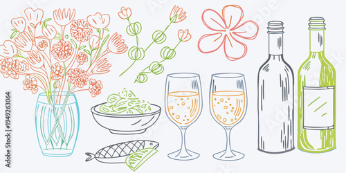 Sketch of flowers wine glasses a fish and food on a white background