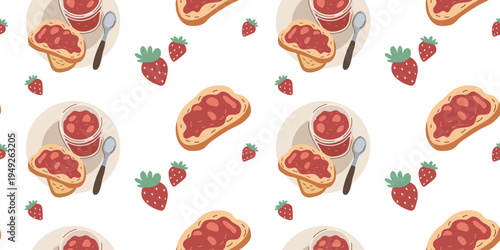 Sweet seamless pattern with jam toast strawberry and glass jar