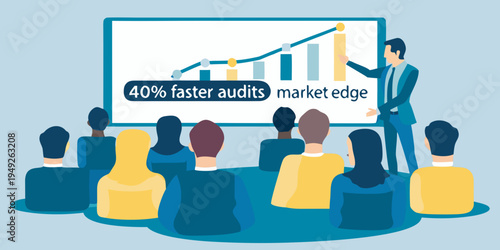 Business presentation showing growth chart and audience in a conference room