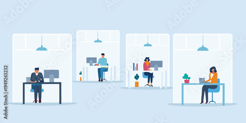 People working at desks in a modern open plan office setting