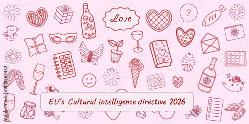 A playful doodle collection featuring hearts gifts and romantic symbols