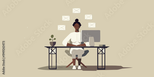 Woman working at a desk with floating envelopes above her head