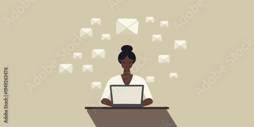 Woman using a laptop with floating email icons above her head