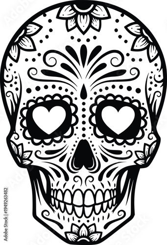 sugar skull with heart eyes, vector illustration