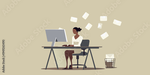 Woman overwhelmed with papers while working at a computer desk