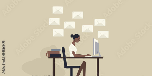 Woman working at a desk with multiple email notifications appearing