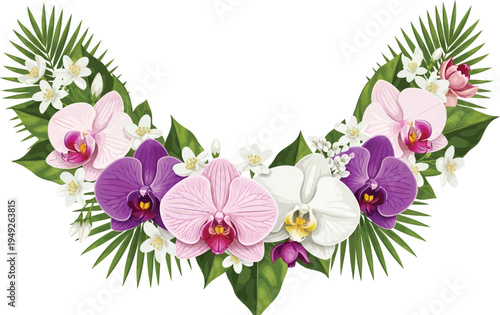 A beautiful floral arrangement of colorful orchids and tropical leaves on a white background