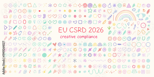 Colorful doodle collection with text EU CSRD 2026 creative compliance