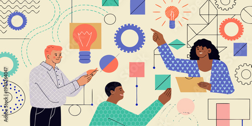 Team collaboration and brainstorming illustrated with abstract shapes and ideas