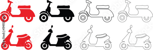 Scooter vector icon set with motor vehicle silhouette and line art illustration