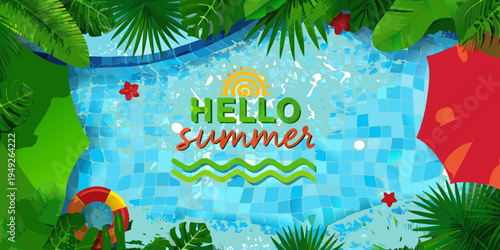 A vibrant summer scene featuring a swimming pool and tropical foliage