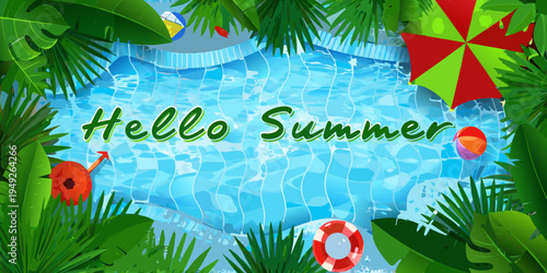 A vibrant aerial view of a swimming pool with summer decorations