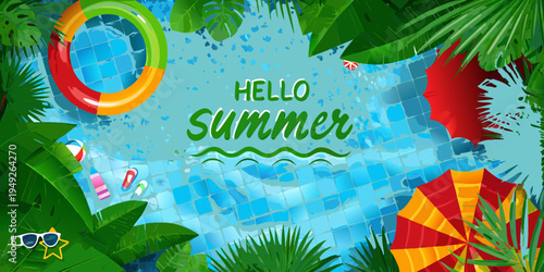 A vibrant summer scene with a pool floaties and beach accessories