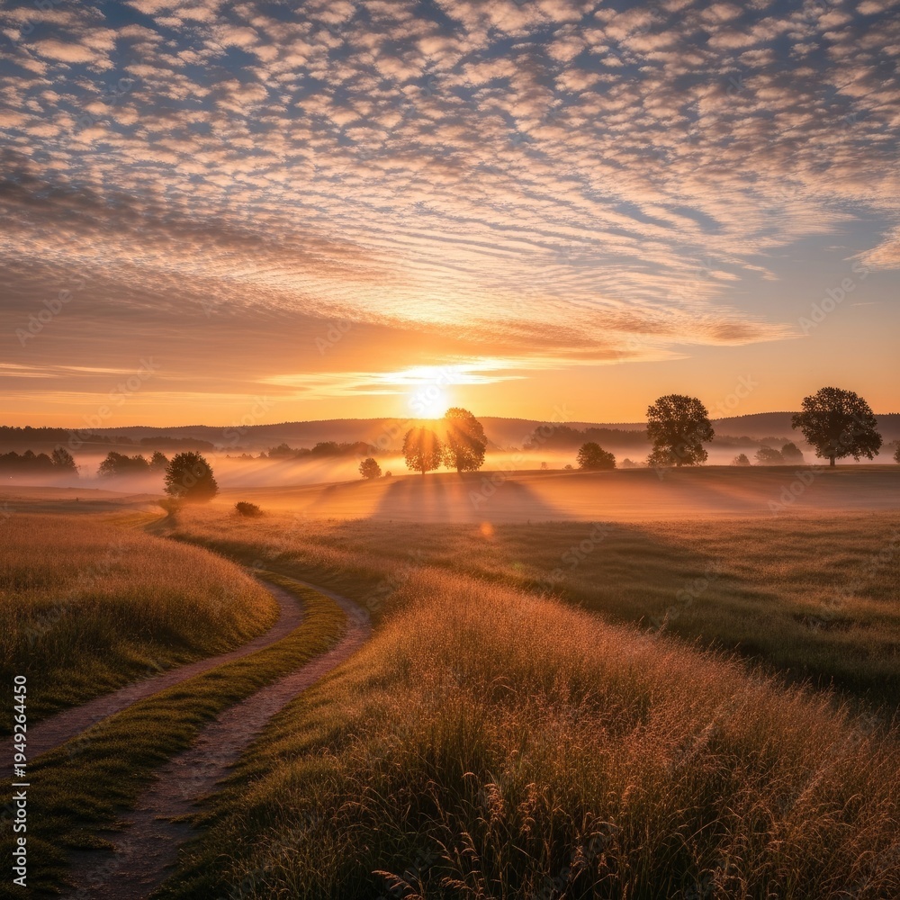 Naklejka premium Golden sunrise over rural landscape with path through fields and trees