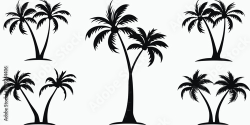 Collection of silhouetted palm trees against a white background