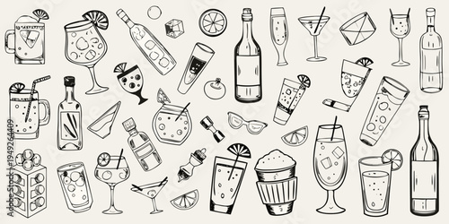 Collection of hand drawn beverage glasses and bottles in black and white