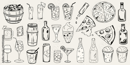 A collection of hand drawn summer drinks pizza slices and bar accessories
