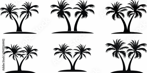 Silhouettes of tropical palm trees against a clean white background