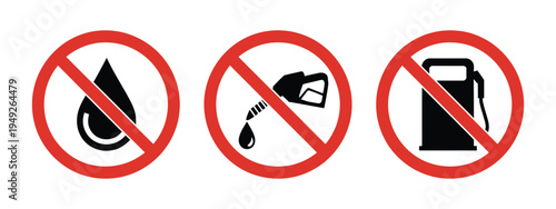 No Fuel Icon Set, vector illustrations of red forbidden signs for petrol, diesel, and oil, no fuel station symbol, suitable for transport, road safety, apps, and UI design.