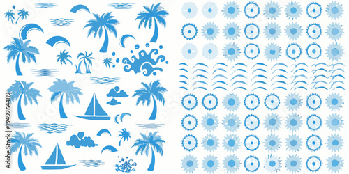 A vibrant blue pattern featuring tropical elements and wave designs