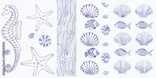 Blue line drawing depicting various marine life and seashells