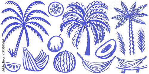 Stylized blue illustration of tropical fruits palms and hammocks