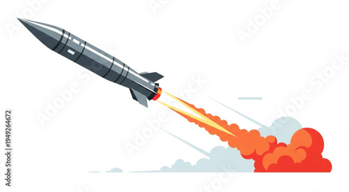Illustration of a Rocket Launching with Flames and Smoke.