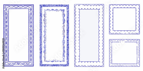 Four rectangular frames with sketched ornate blue borders displayed on white